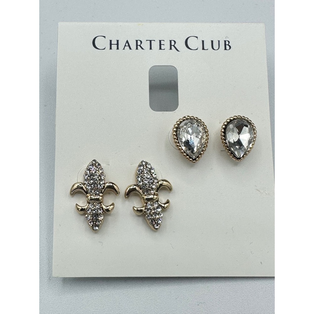 Charter Club Earring Set Women OS Gold NWT Fleur-de-lis Teardrop Crystal Studs